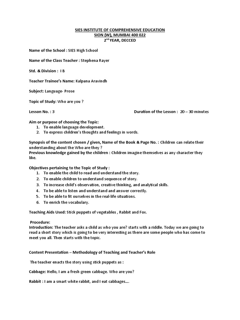 English Prose Lesson Plan For B Ed