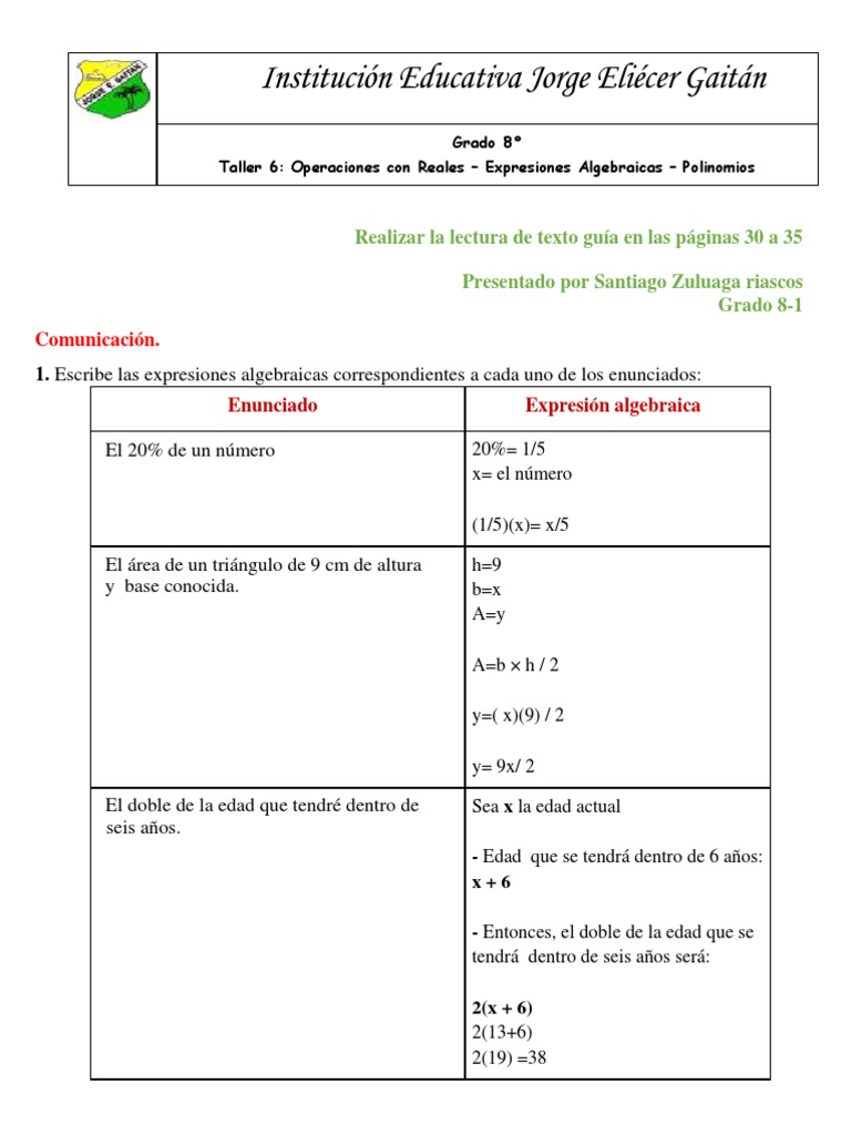 Taller 6 Operaciones Con Reales - Expresiones Algebraicas - Polinomios ...