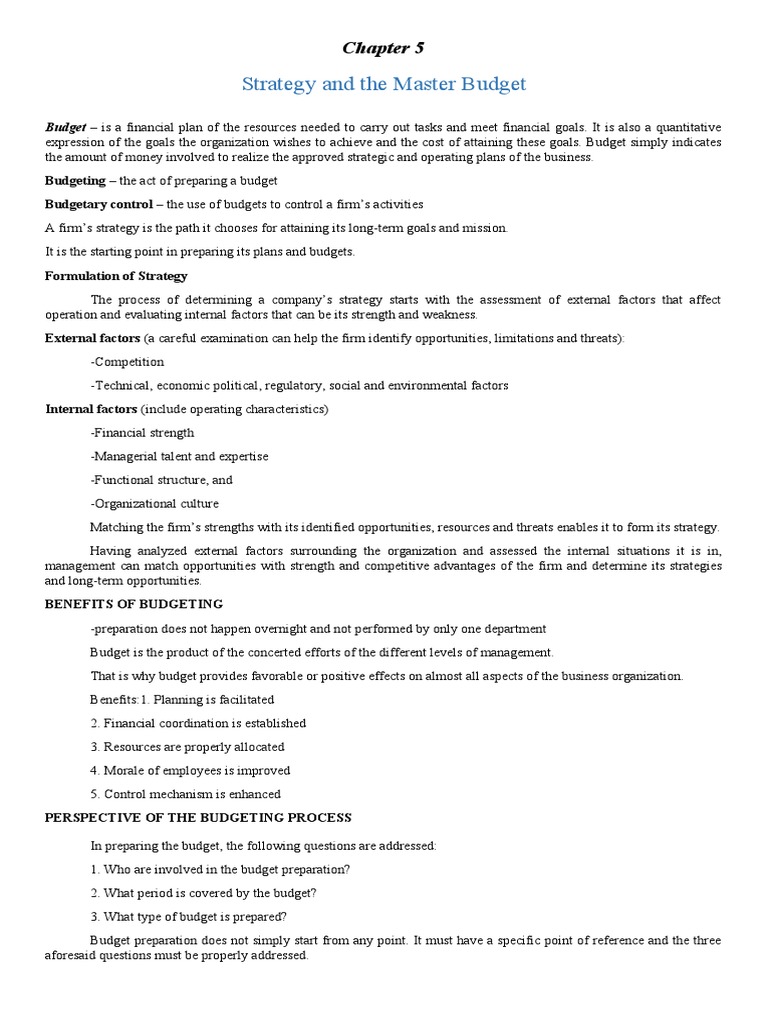 Master Budgeting in Strategic Management | PDF | Equity (Finance) | Expense