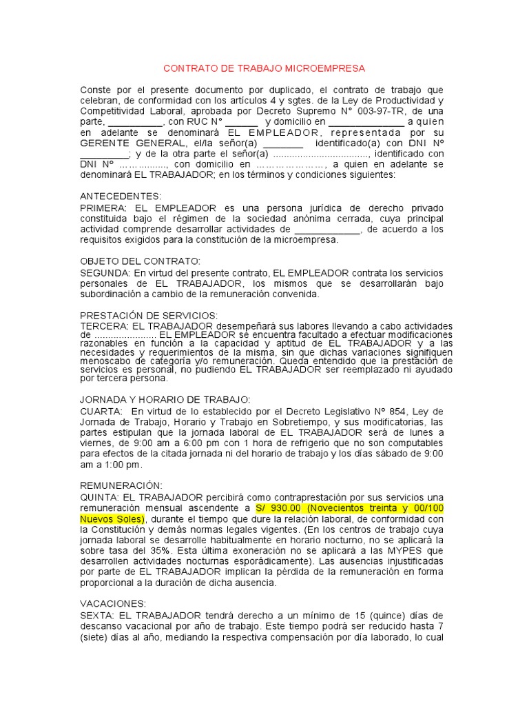 Contrato Microempresa | PDF | Tiempo de trabajo | Salario