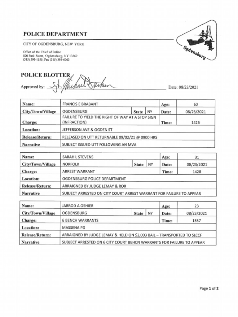 Ogdensburg Police Dept. Blotter Aug. 23, 2021 PDF