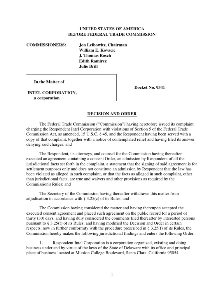 FTC Intel Order | PDF | Microprocessor | Intel