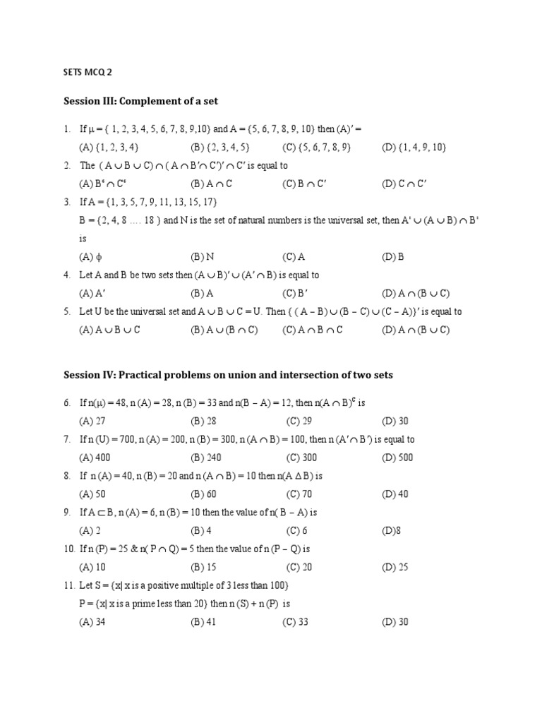 Multiple Choice Questions on Sets, Relations, and Functions | PDF ...