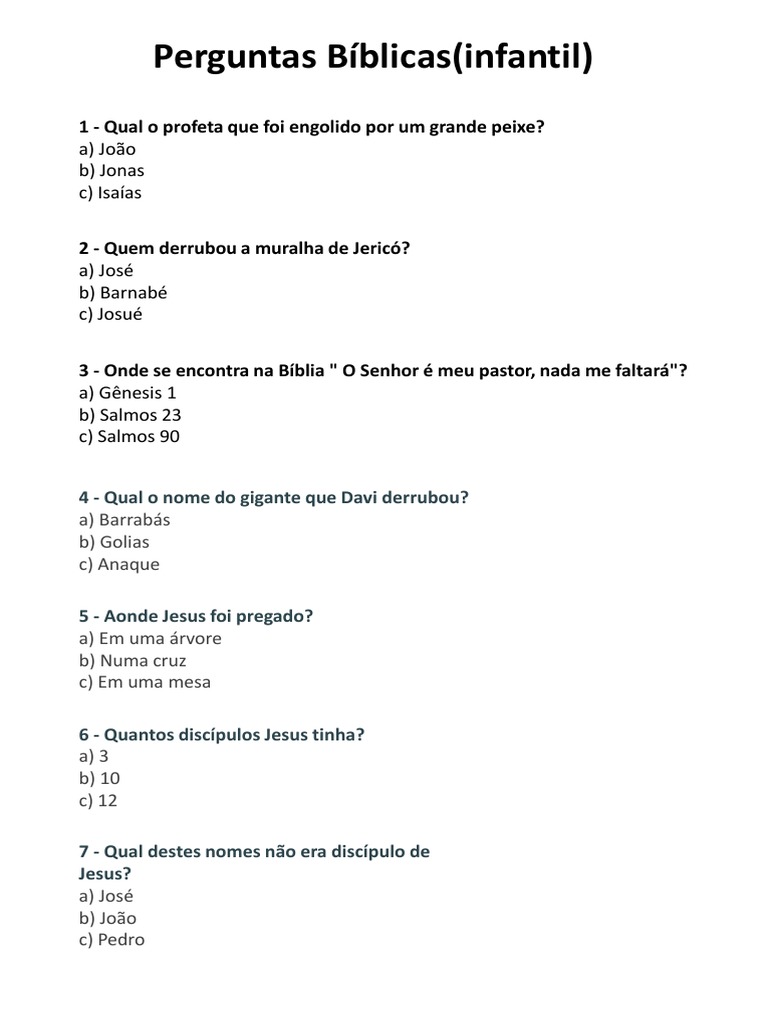 Perguntas Bíblicas (Infantil) : A) João B) Jonas C) Isaías | PDF ...