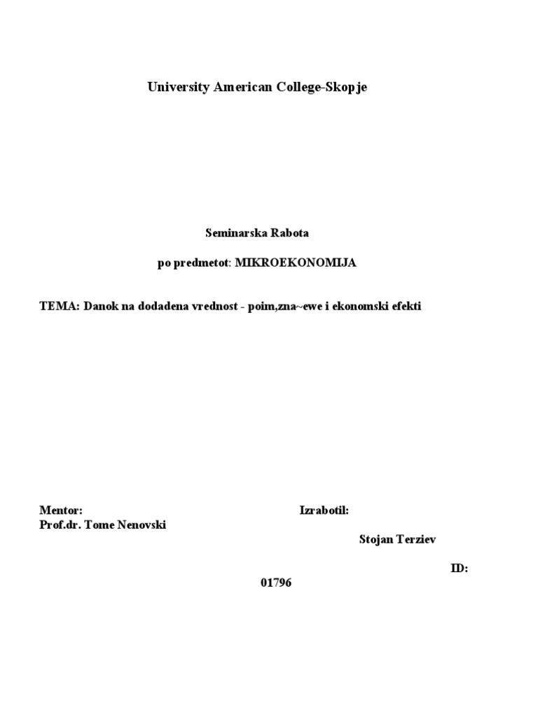 Danok Na Dodadena Vrednost Poim, Znacenje I Ekonomski Efekti PDF