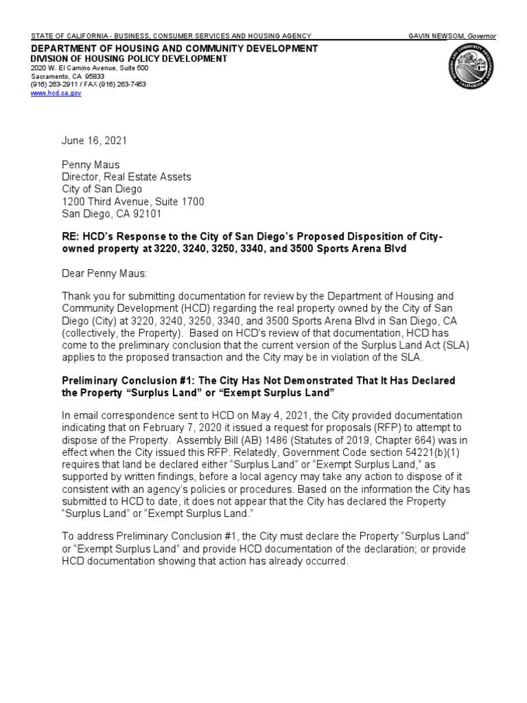 HCD Initial Sla Letter Sandiego 06162021 PDF Affordable Housing
