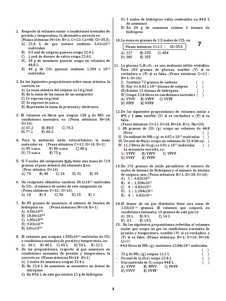 Ejercicios de Masa Molar y Atómica | PDF | Mole (Unidad) | Gases
