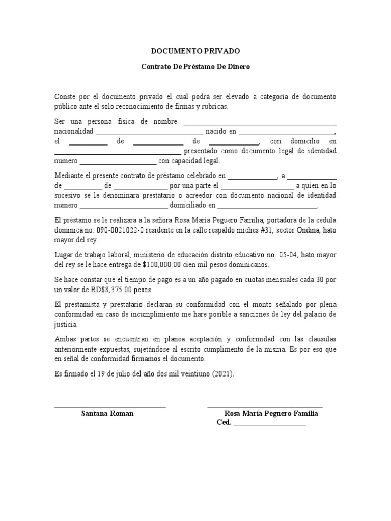 Contrato Privado de Préstamo de Dinero | PDF | Finanzas y dinero ...