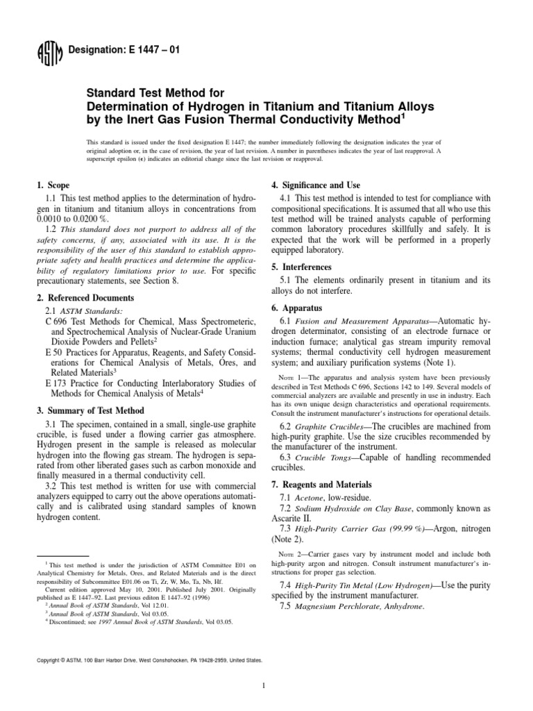 ASTM E1447 Hydrogen Pick Up PDF Calibration Titanium