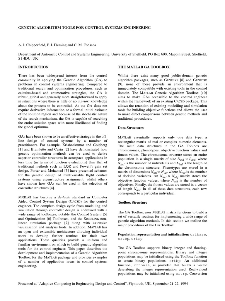 MATLAB Genetic Algorithm Toolbox for Control | PDF | Genetic Algorithm ...