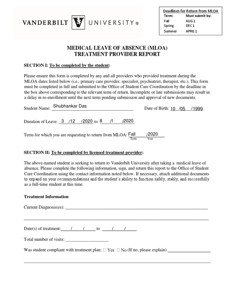 Medical Leave of Absence (Mloa) Treatment Provider Report: SECTION I ...