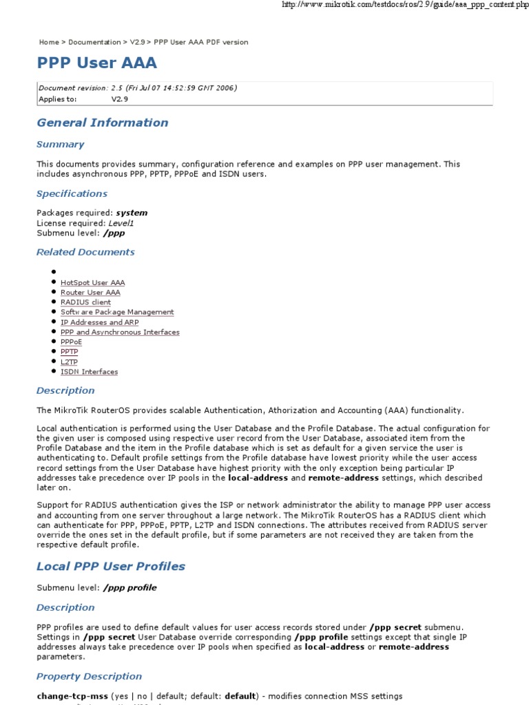 PPP User Aaa: General Information | PDF | Radius | Ip Address