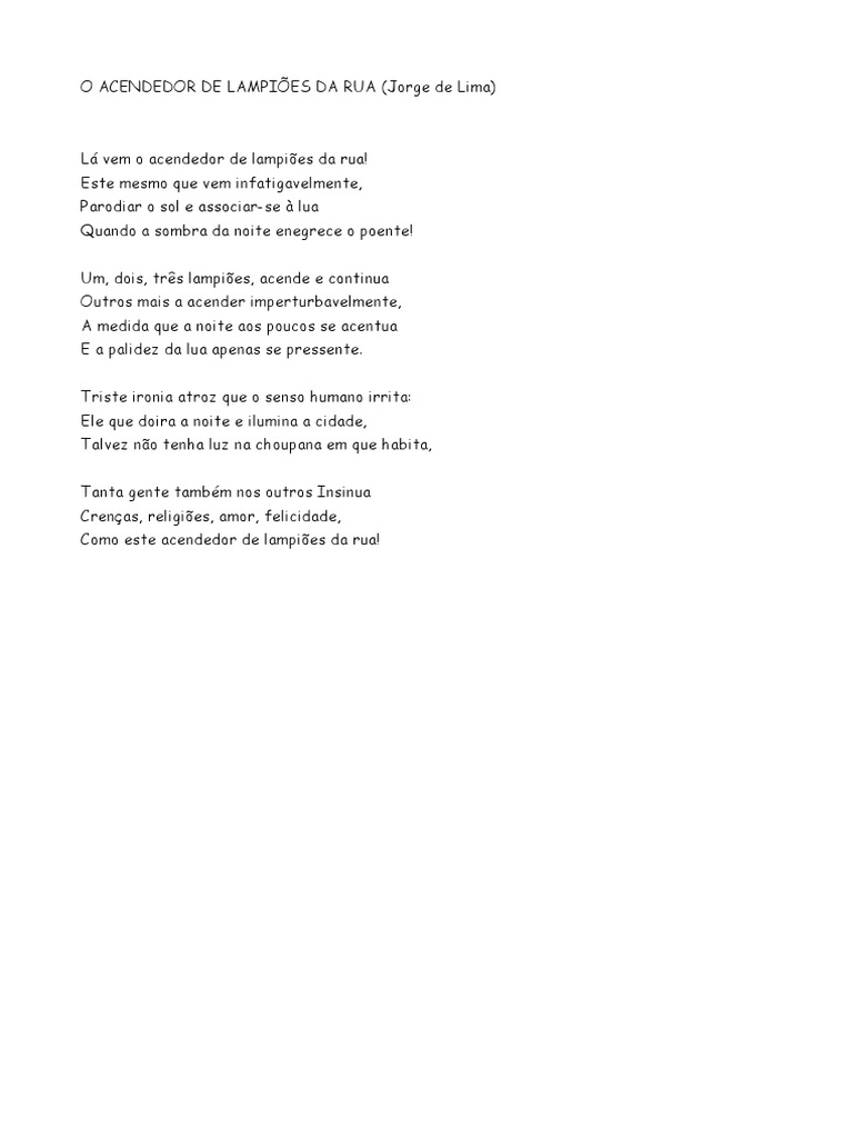 O Acendedor de Lampiões: Poema de Lima | PDF