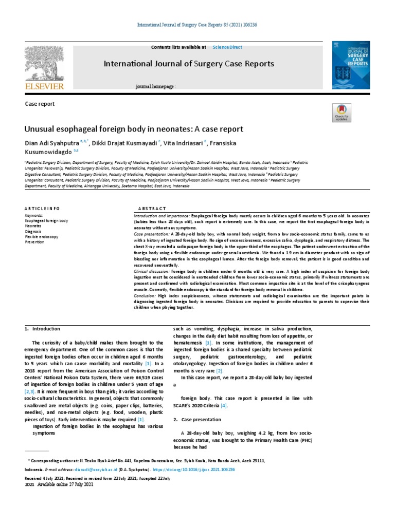 International Journal of Surgery Case Reports Unusual Esophageal Foreign Body in Neonates A