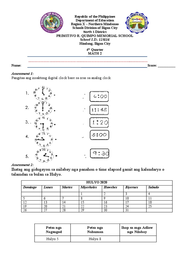 2 MATH 2 Assessment | PDF