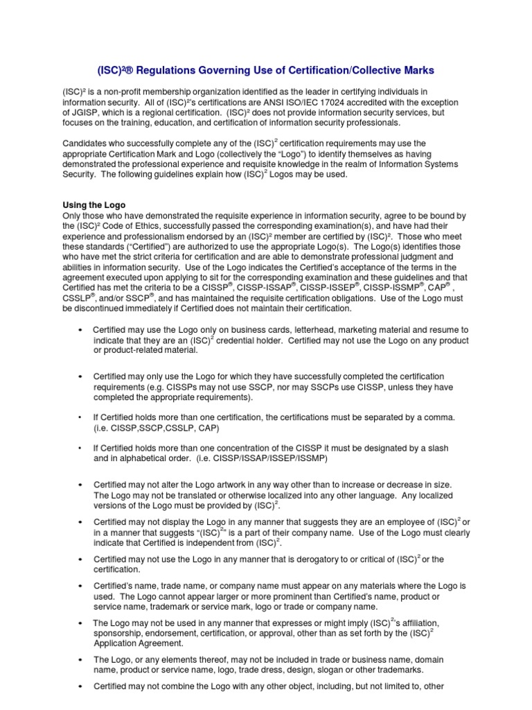 (ISC) ® Regulations Governing Use of Certification/Collective Marks | PDF