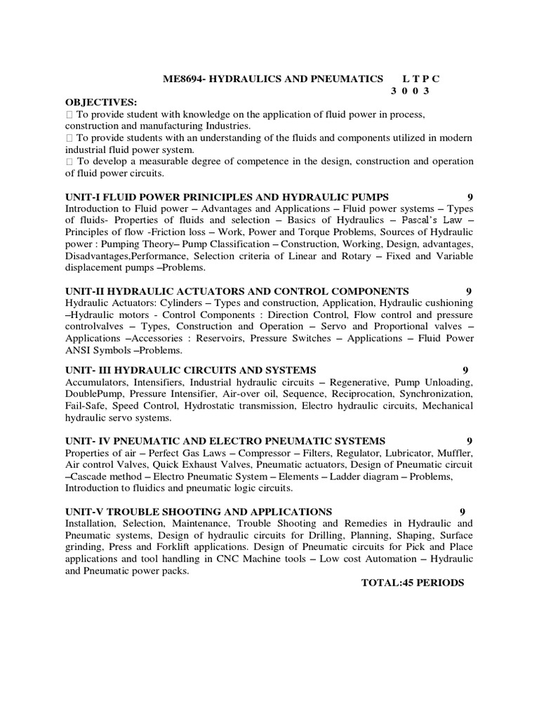 Syllabus Hydraulics and Pneumatics (Me8694) (III Year Vi Sem Mech