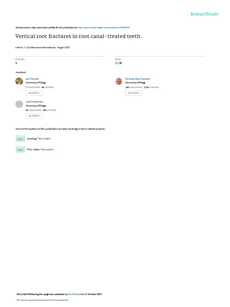 Vertical Root Fractures in Root CanalTreated Teeth. Quintessence