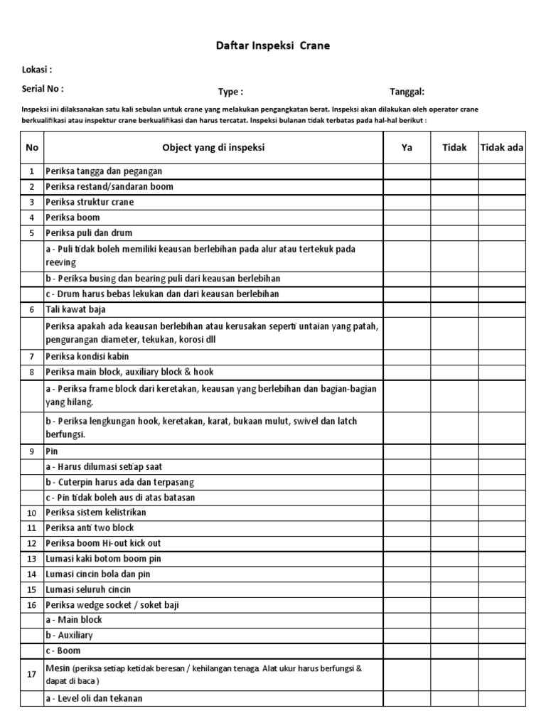 Form Monthly Inspection Crane | PDF