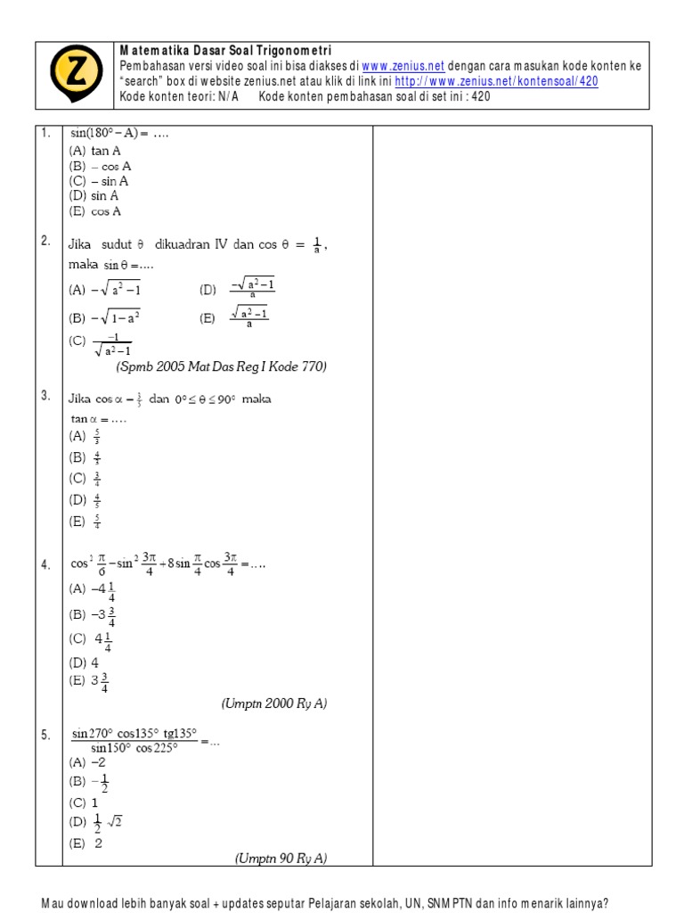 Zenius Module SNMPTN: Soal Teori Matdas Trigonometri | PDF