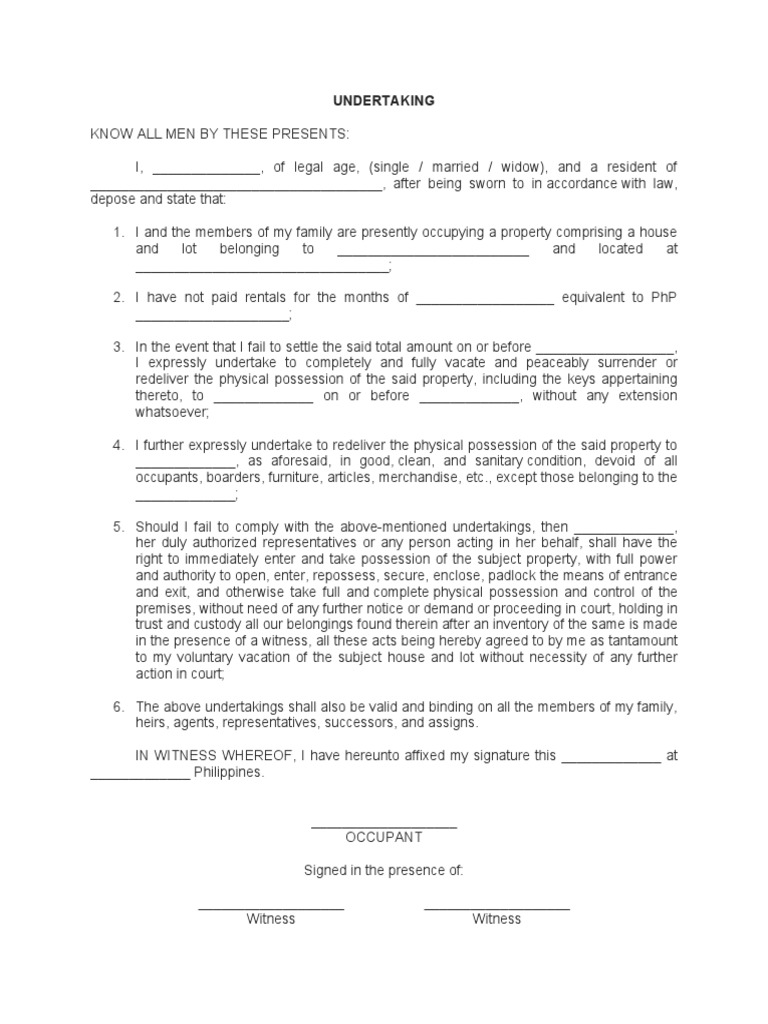 Undertaking To Vacate | PDF | Property | Law And Economics