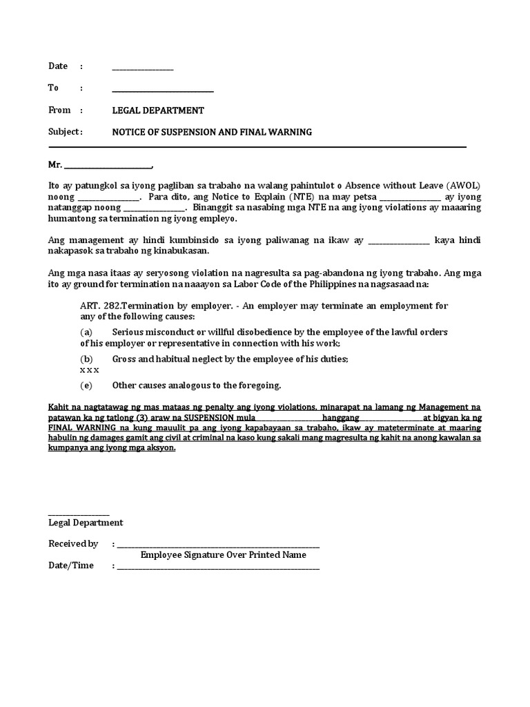 Notice of Suspension Tagalog PDF