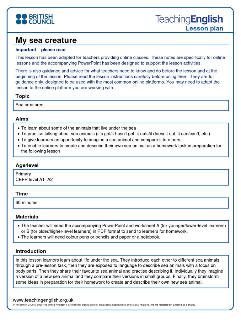 Teaching Kids My Sea Creature Online Lesson Plan | PDF | Learning ...