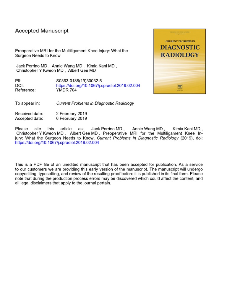 Accepted Manuscript Current Problems in Diagnostic Radiology Download Free PDF Knee Joints