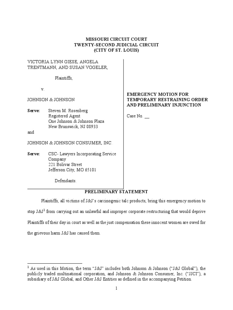 Missouri Lawsuit To Bar Two Step by J&J Emergency Motion For