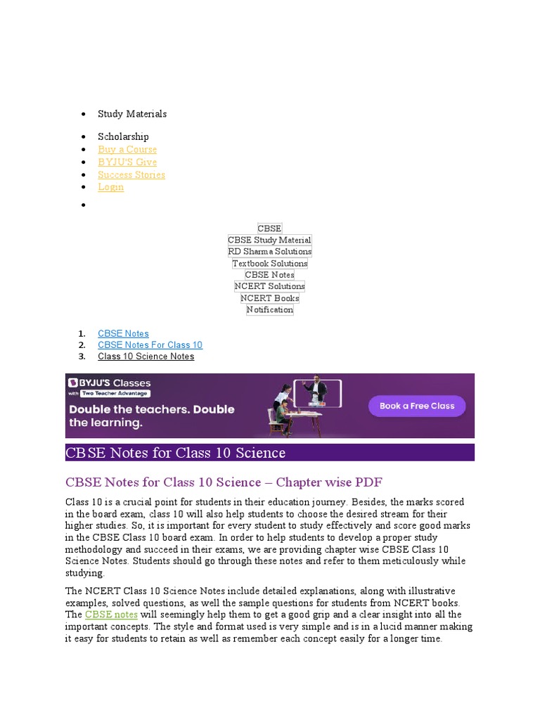 CBSE Notes For Class 10 Science - Chapter Wise PDF | Download Free PDF ...