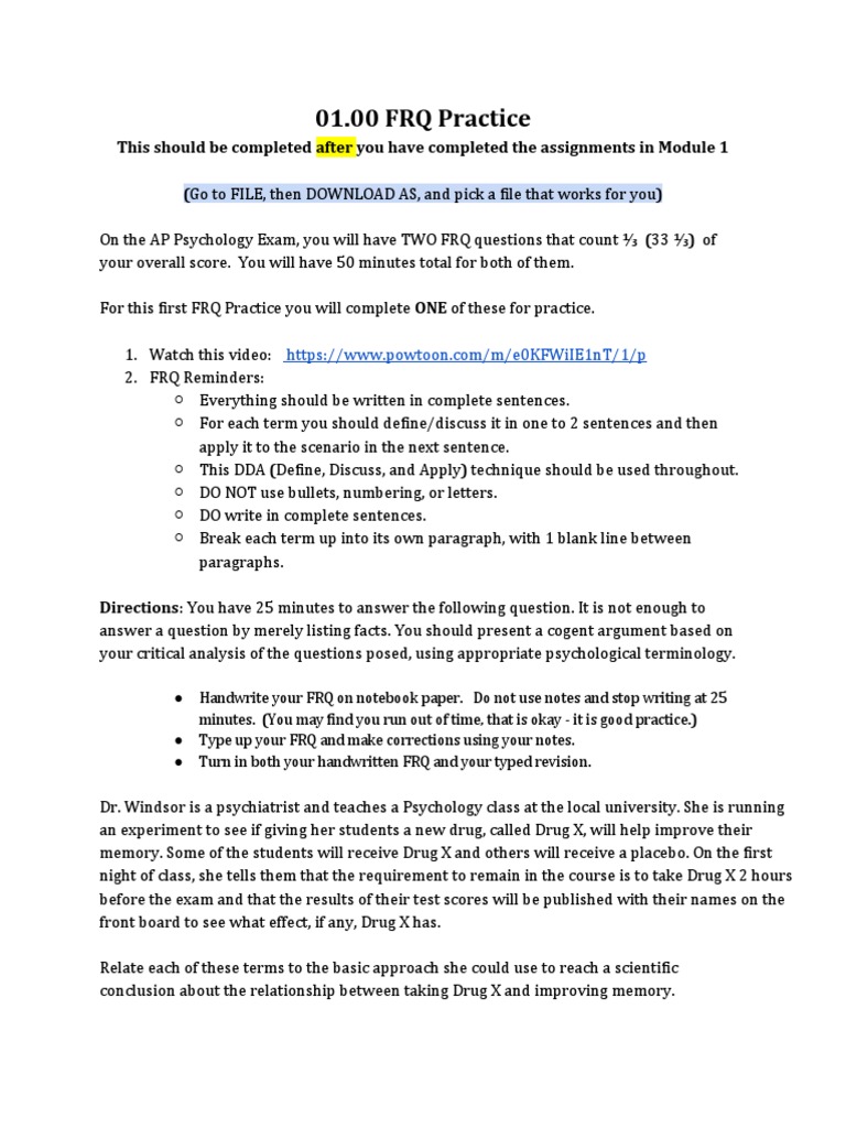 AP Psych 01.00 FRQ Practice PDF