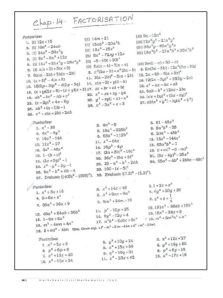 cbse class 8 factorisation worksheet pdf