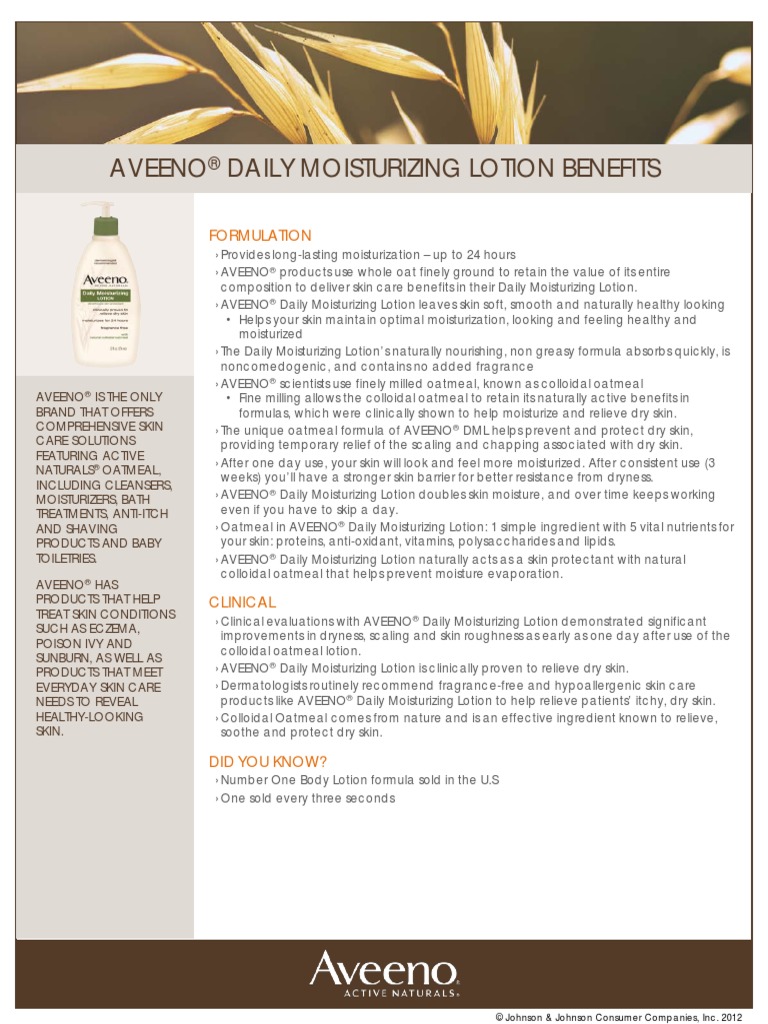 AVEENO Daily Moisturizing Lotion Benefits Fact Sheet PDF Skin Care