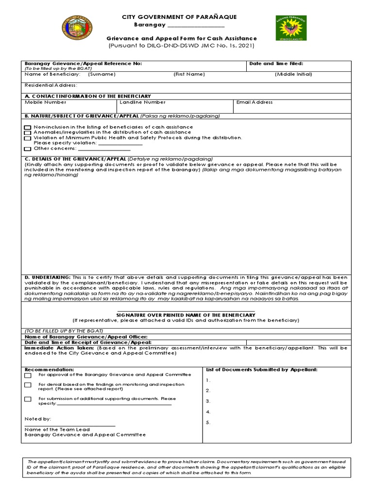 Grievance and Appeal Form For Cash Assistance | PDF | Common Law ...