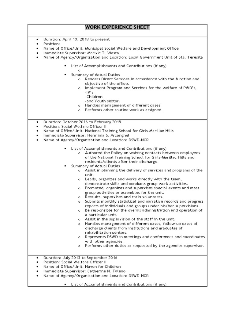 Work Experience Sheet | PDF