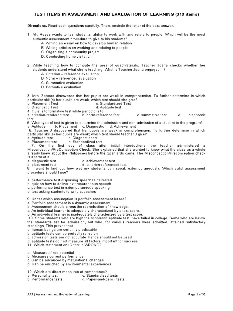 Test Items in Assessment and Evaluation of Learning (310 Items) | PDF ...