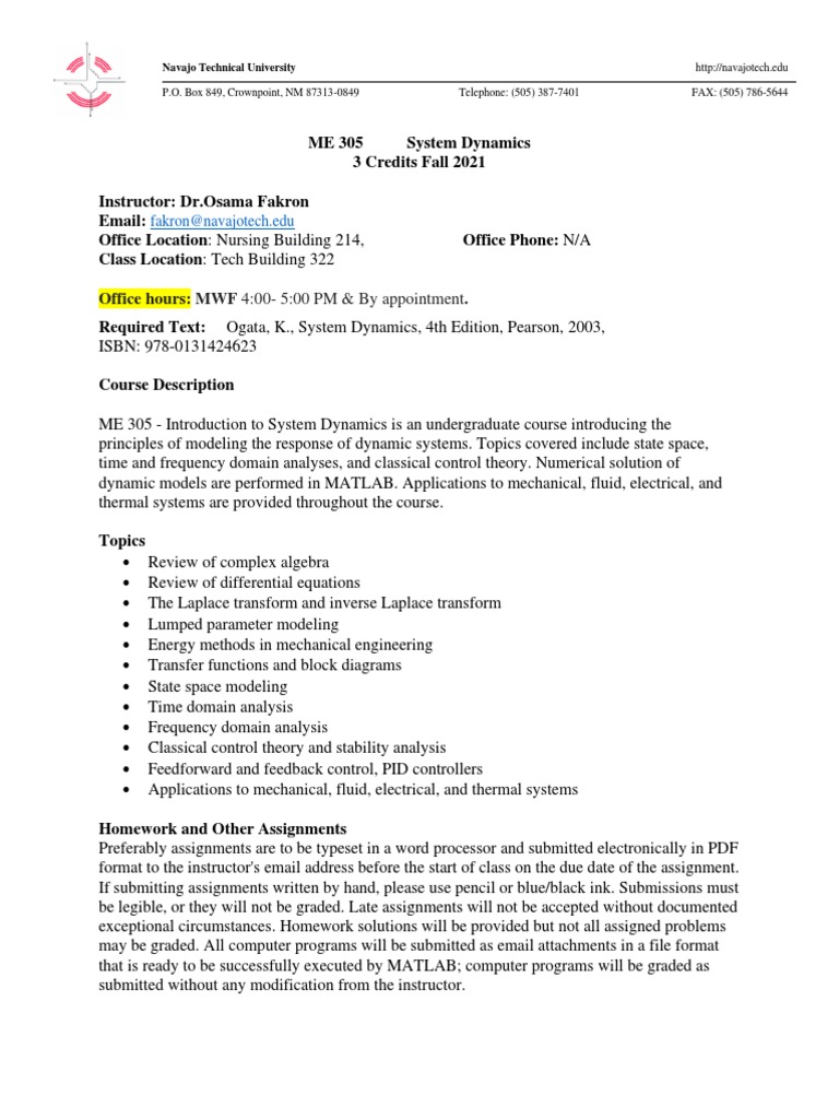 ME 305-System Dynamics Fall-2021 | PDF | Control Theory | Test (Assessment)
