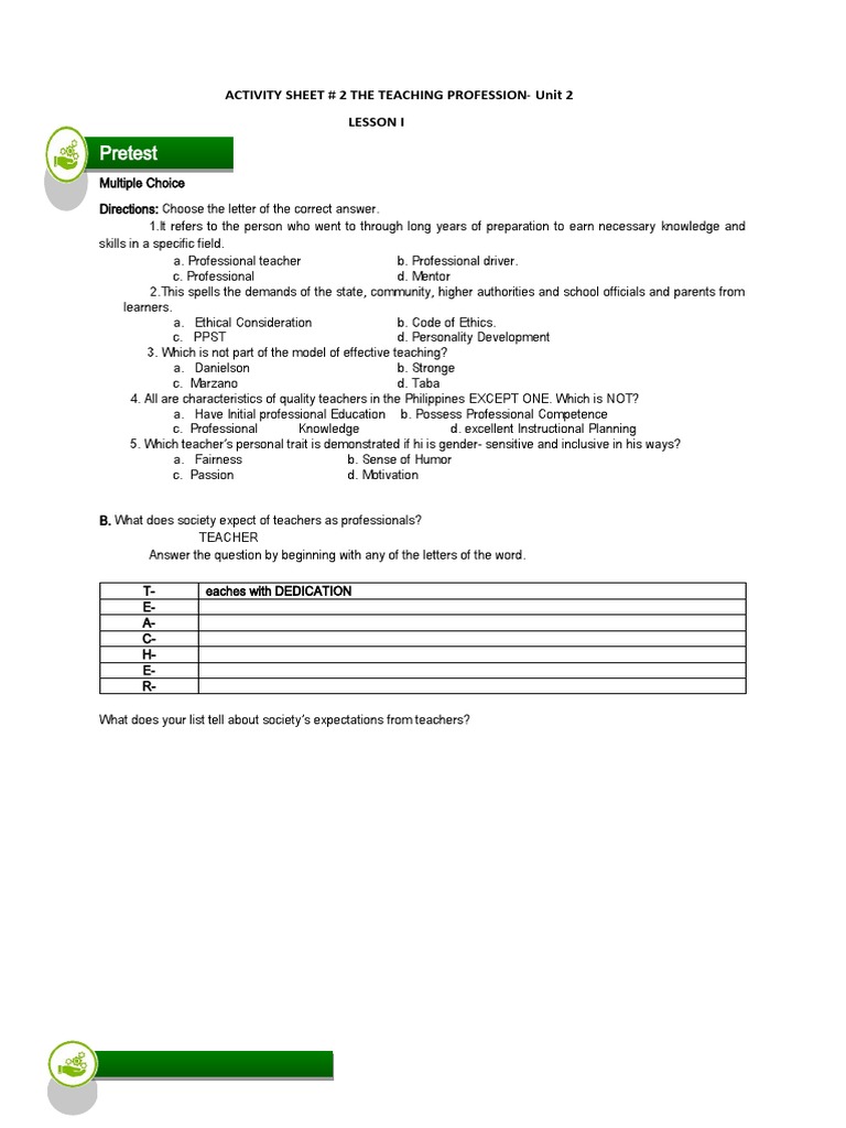 ACTIVITY SHEET 2 Teaching Profession | PDF | Teachers | Learning