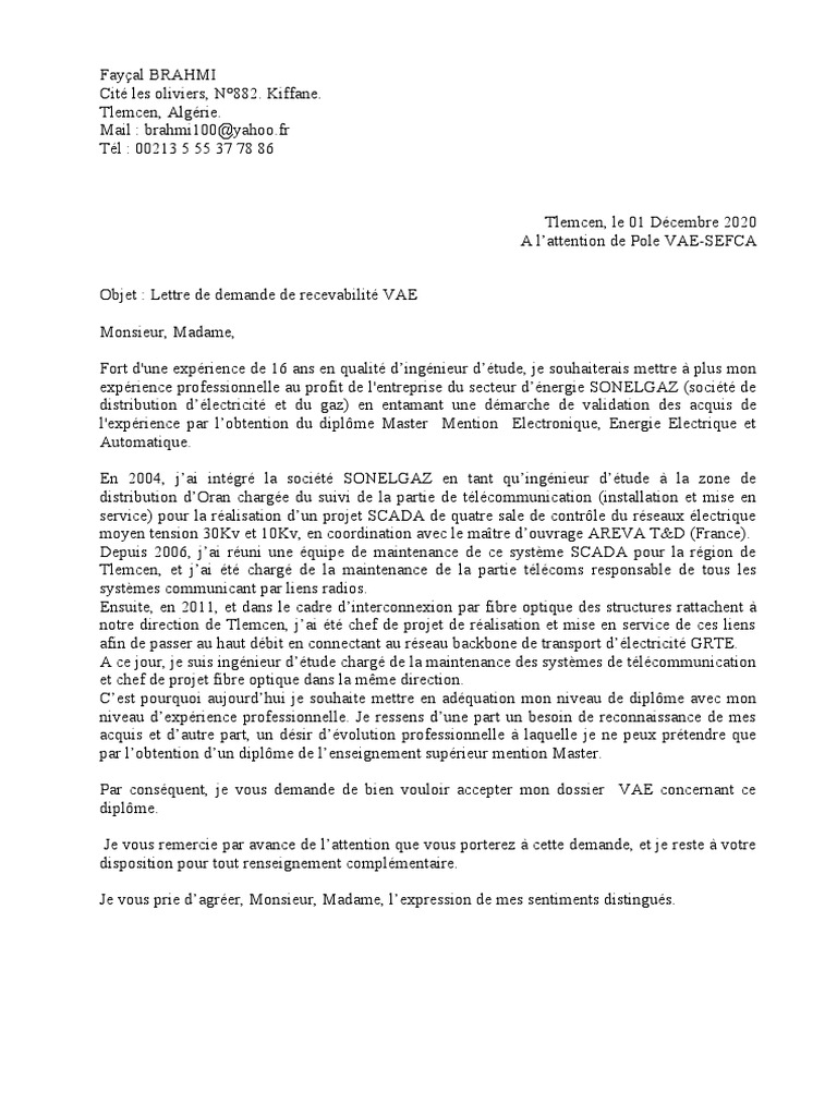 Lettre de Motivation VAE Université de Bourgogne  PDF  Réseau