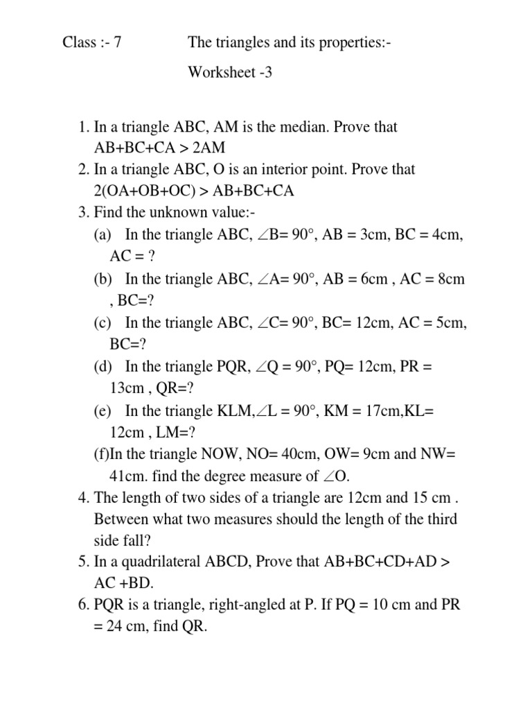 Class 7 Triangle Properties Worksheet | PDF | Triangle | Geometry