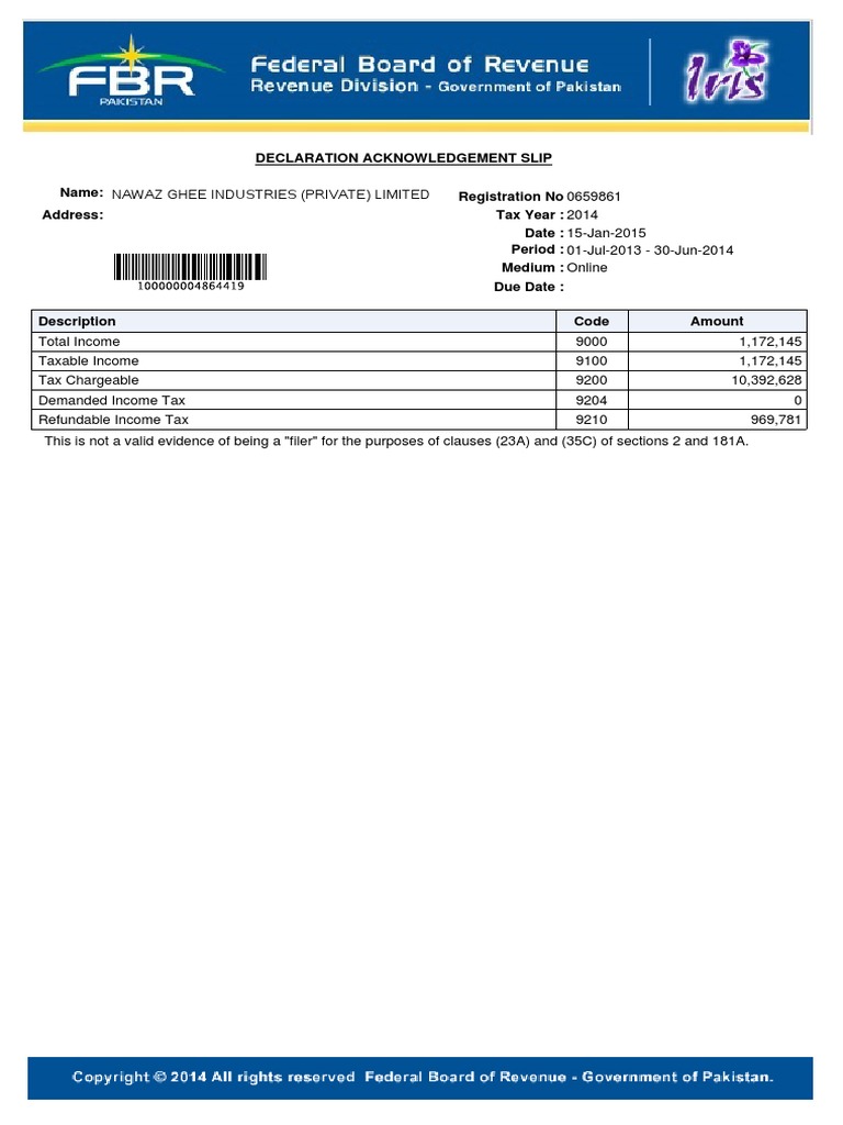 Nawaz Ghee Industries (Private) Limited: Declaration Acknowledgement ...