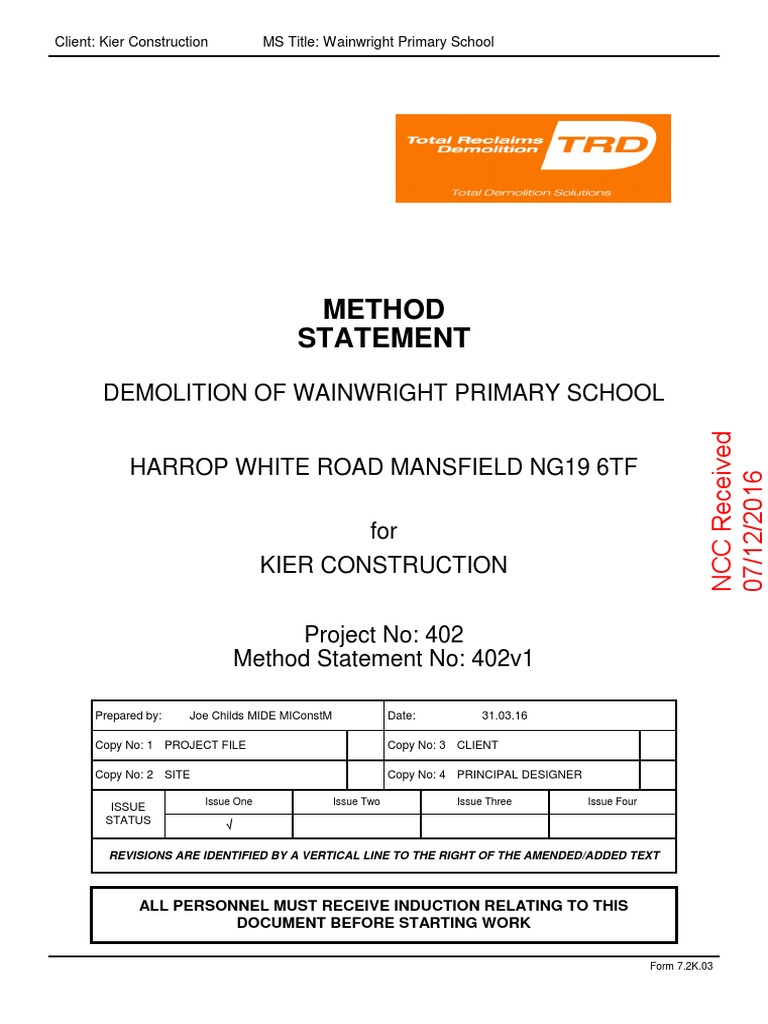 Method Statement Demolition of Wainwright Primary School PDF