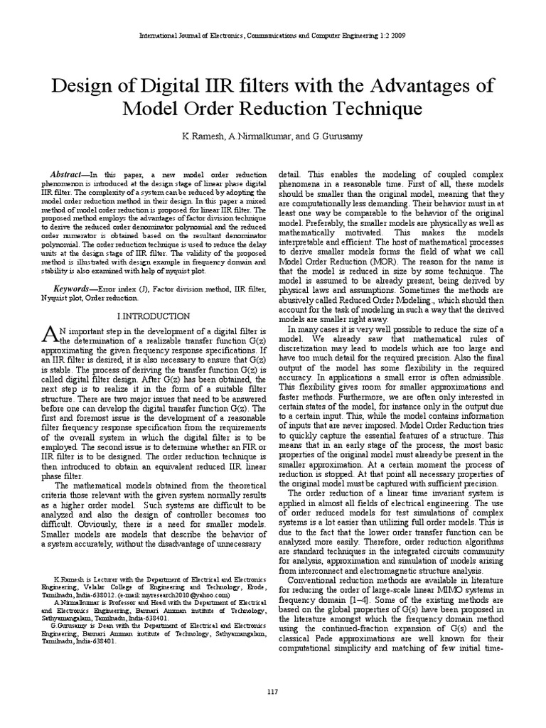 Digital IIR Filter Design with Order Reduction | PDF | Low Pass Filter ...