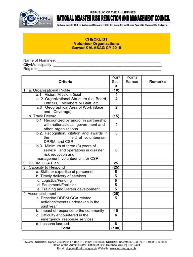 Checklist Volunteer Organizations Gawad KALASAG CY 2018 | PDF