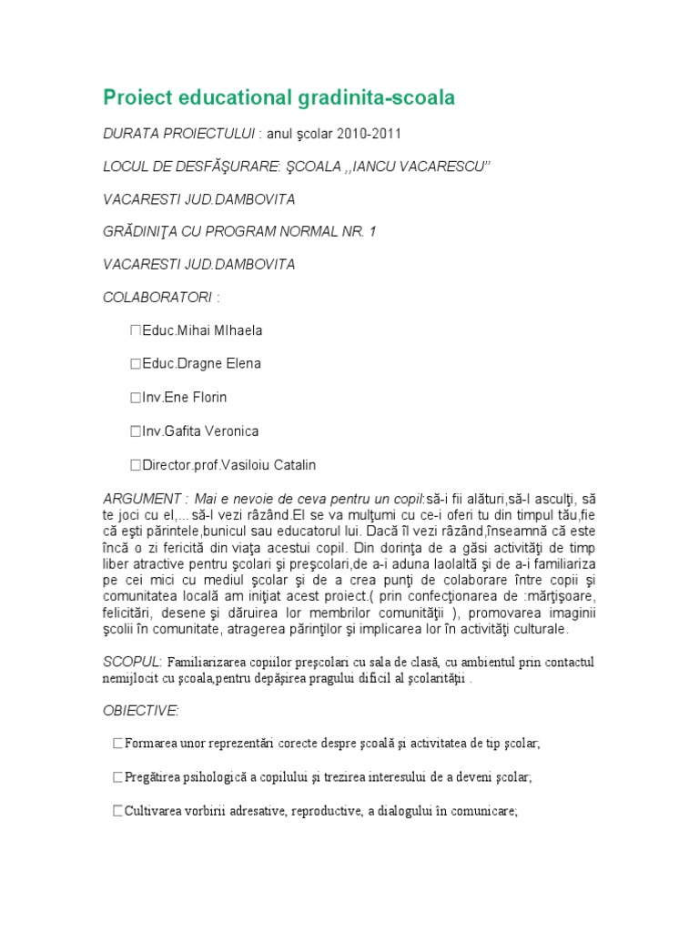 Proiect Educational Gradinita-Scoala | PDF