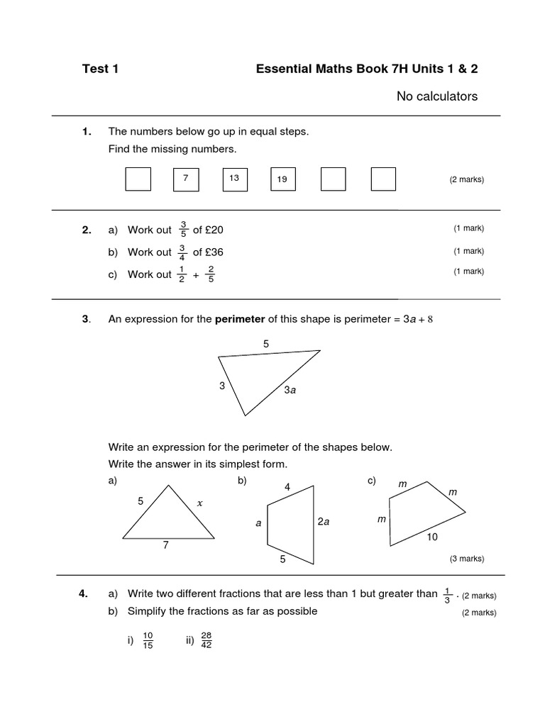 No Calculators Test 1 Essential Maths Book 7H Units 1 & 2 PDF Area