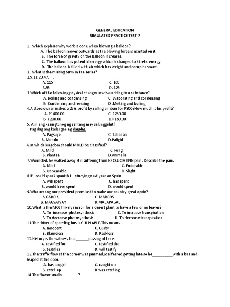 Simulated Practice Test-7 General Education | PDF | Water | Apsis