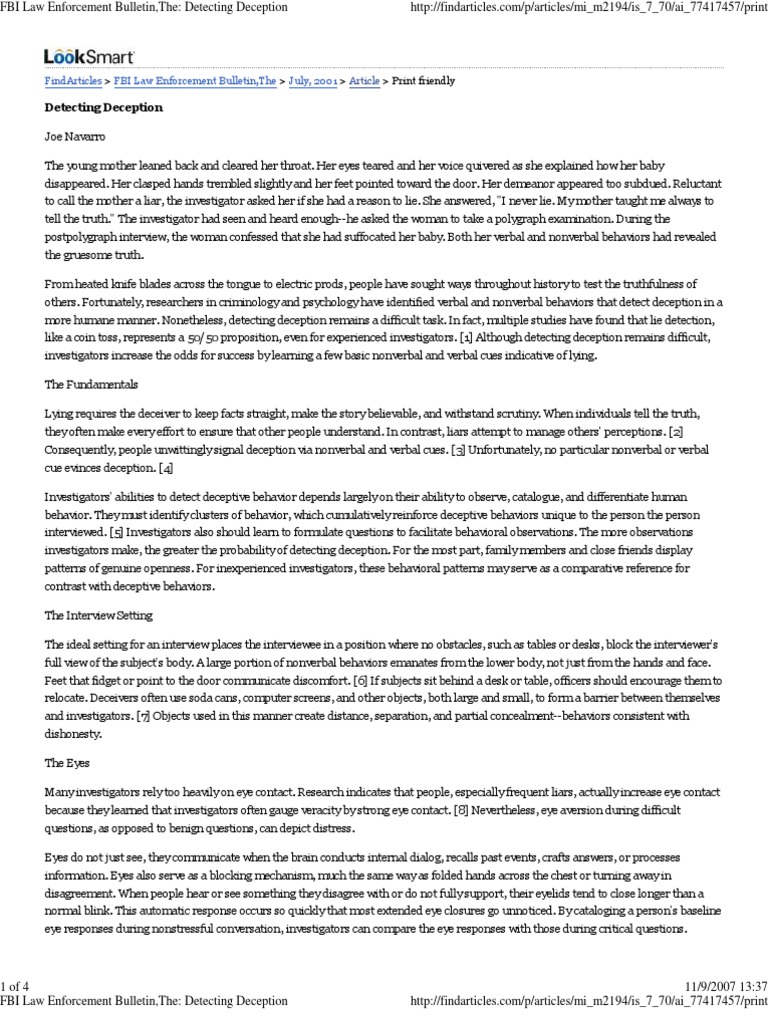 Fbi Law Enforcement Bulletin, The Detecting Deception | PDF | Deception ...