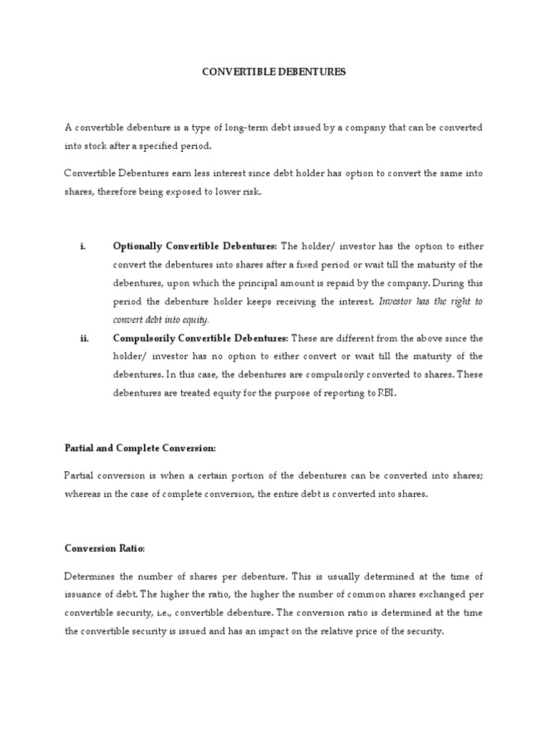 Convertible Debentures Convert Debt Into Equity Pdf Convertible