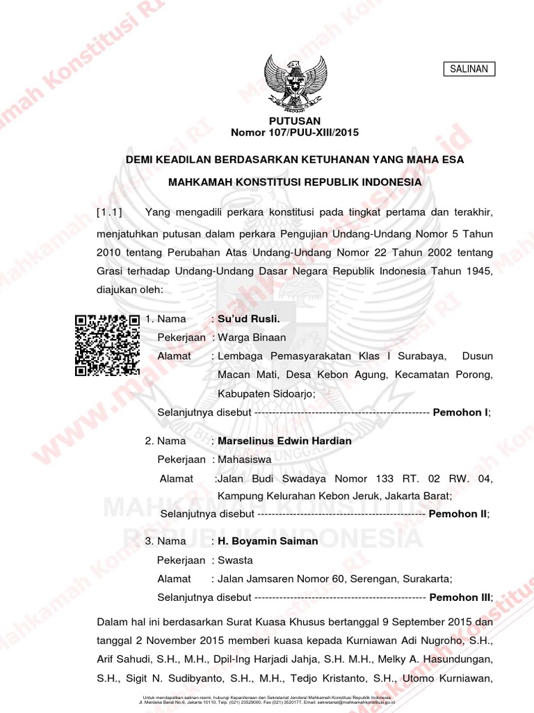 107 Puu Xiii 2015 Undang Undang Nomor 5 Tahun 2010 Tentang Perubahan Atas Undang Undang Nomor 22 Tahun 2002 Tentang Grasi Pdf